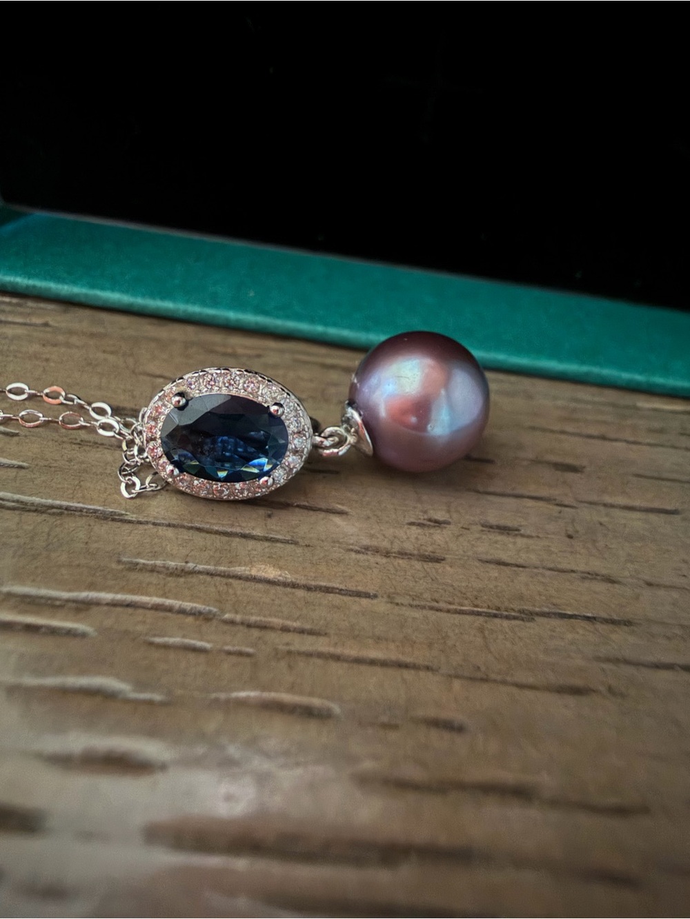 Freshwater Deep Purple Pearl Necklace with Blue Crystal Stone Universal Pendant